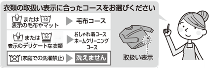 衣類の取扱いに合ったコースをお選びください。液温は40℃を限度とし、手洗いができるマーク、または液温は40℃を限度とし、洗濯機で洗濯処理ができるマーク表示の毛布やマットは毛布コース。液温は40℃を限度とし、手洗いができるマーク、または液温は30℃を限度とし、洗濯機で非常に弱い洗濯処理ができるマーク表示のデリケートな衣類は、おしゃれ着コース、ホームクリーニングコース。家庭での洗濯禁止表示がある場合は洗えません。